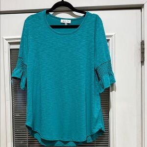 Grace & Lace Teal Blouse with Ruffle Ruched Sleeve Detail
